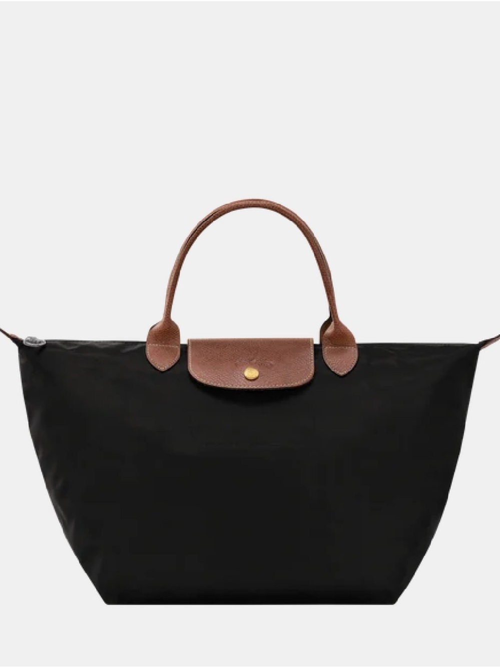 Longchamp Le Pliage Original M, Black and Brown Tote Bag with Top Handles